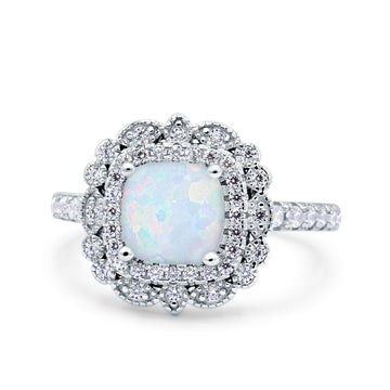Vintage Style Solitaire Accent Cushion Wedding Ring Lab Created White Opal 925 Sterling Silver